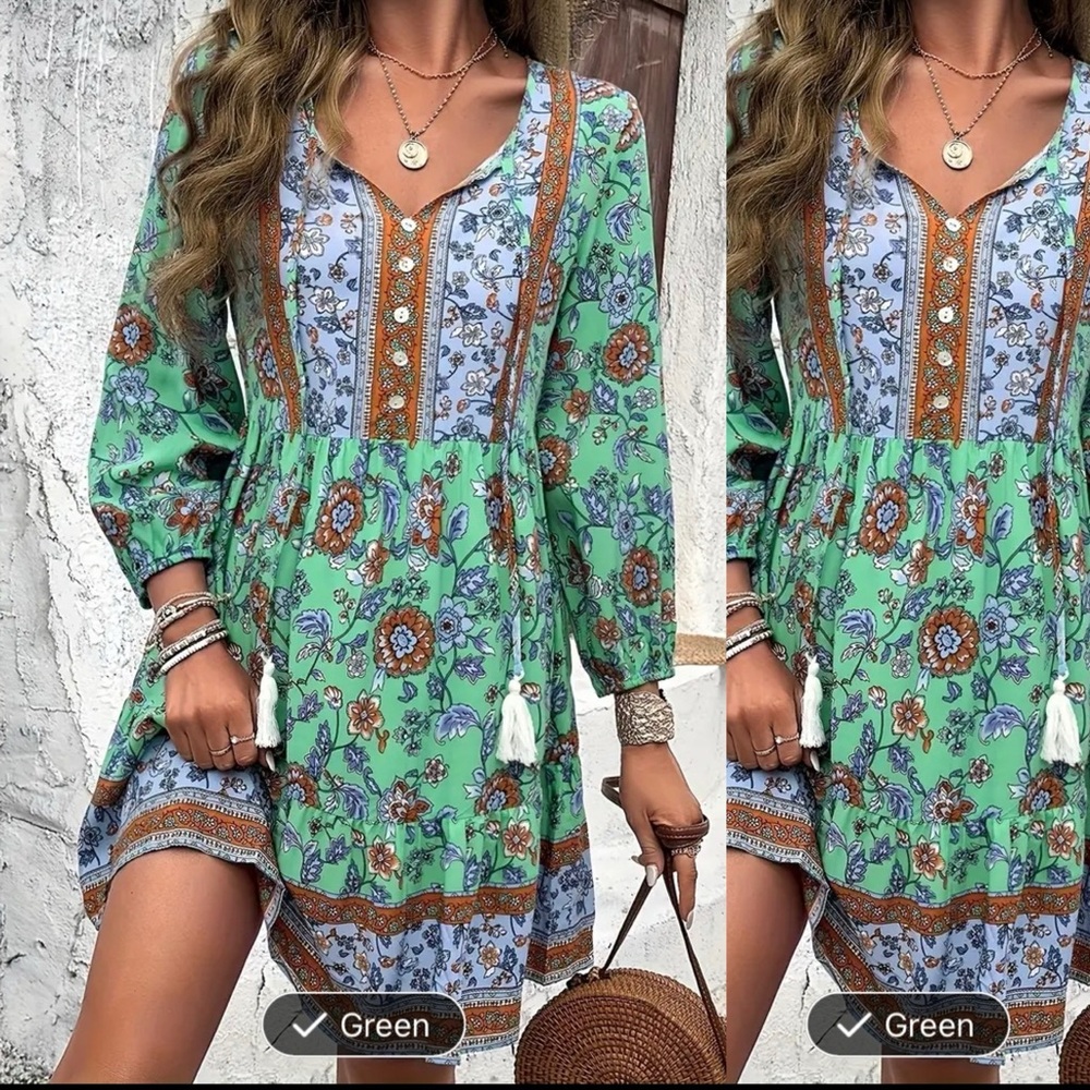 Beautiful boho peasant soft dress cotton blend teal green tassel tie floral